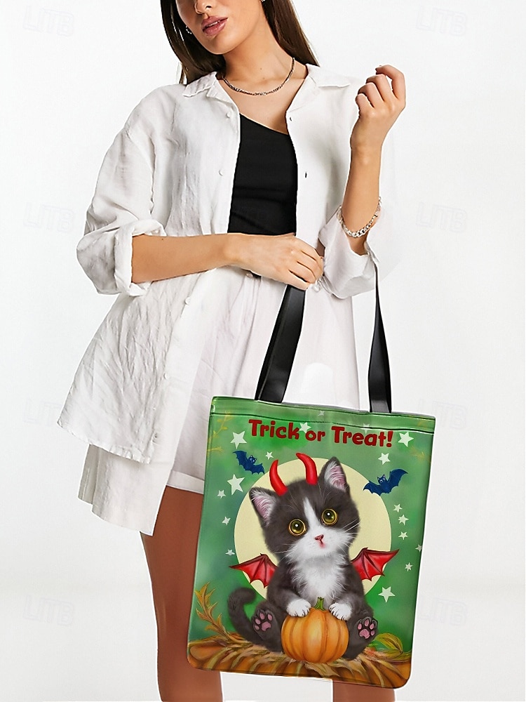 Halloween-Tragetasche für Damen mit süßem Katzenaufdruck von Kayomi Harai, große Canvas-Umhängetasche für Süßes oder Saures und Partys 2025 - $14.99 –P5