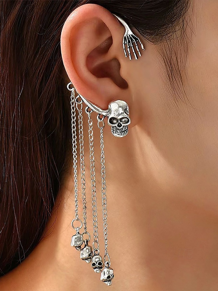Women's Halloween Skeleton Skull Drop Earrings Set – Gothic Punk Ear Cuffs with Dangling Chains for Costume Party & Cosplay 2025 - $9.99 –P3