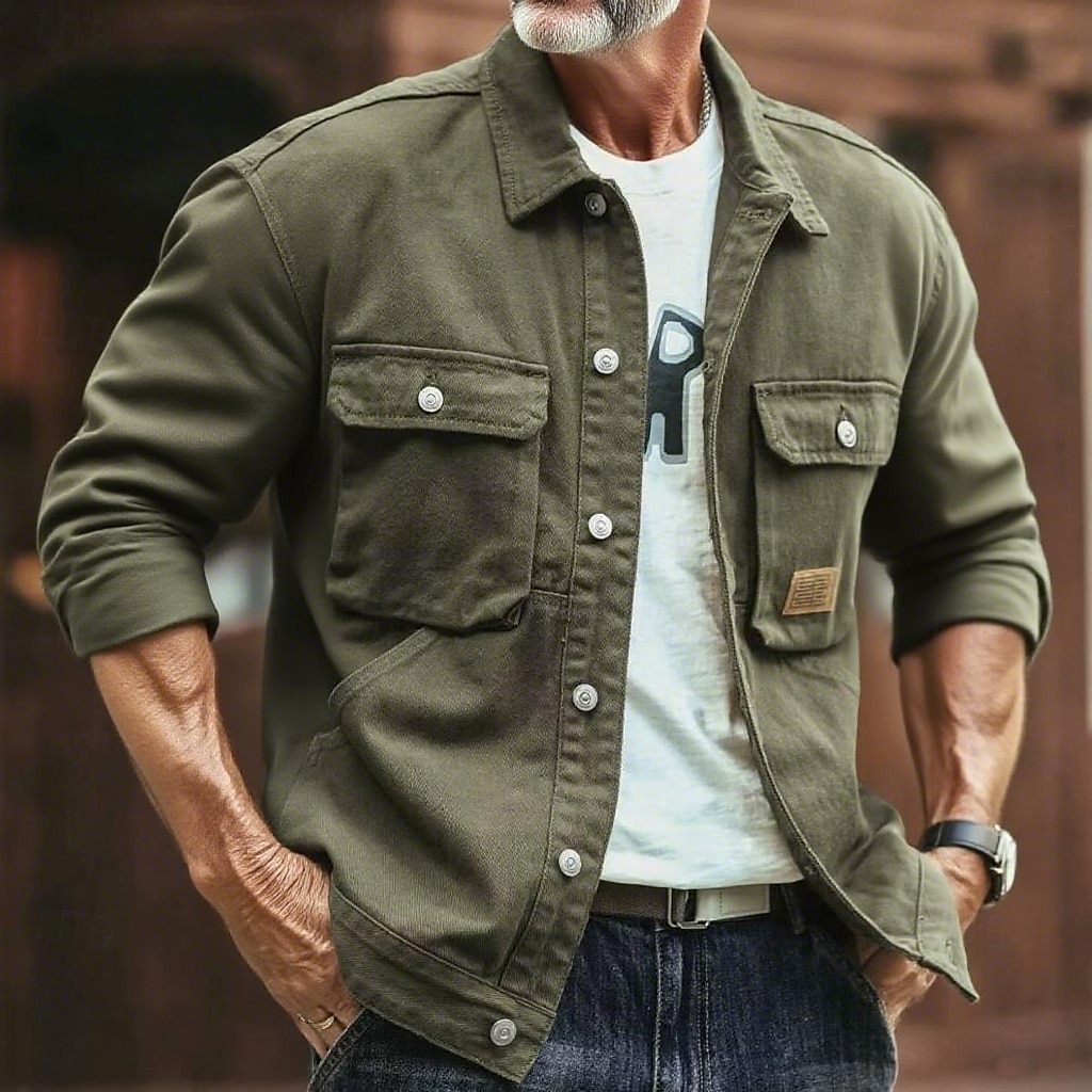 Homme Veste Légère Veste en Jean Formel Maison Coupe-Vent Avec Poches Printemps Automne Hiver Couleur Unie Actif ancien Col Rabattu Régulier Noir Vert foncé Marron Café foncé Veste de 2025 ? $39.99 –P5