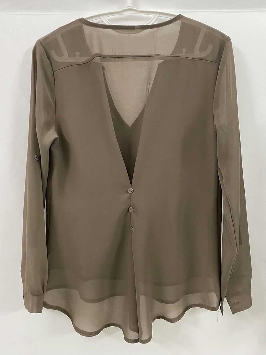 Damen Hemd Einfarbig Stilvoll Lässig Langarm V Ausschnitt Normale Oberteile Täglich Knöpfe Schwarz Wein Königsblau Braun Sommer Frühling 2025 - $21.99 –P5