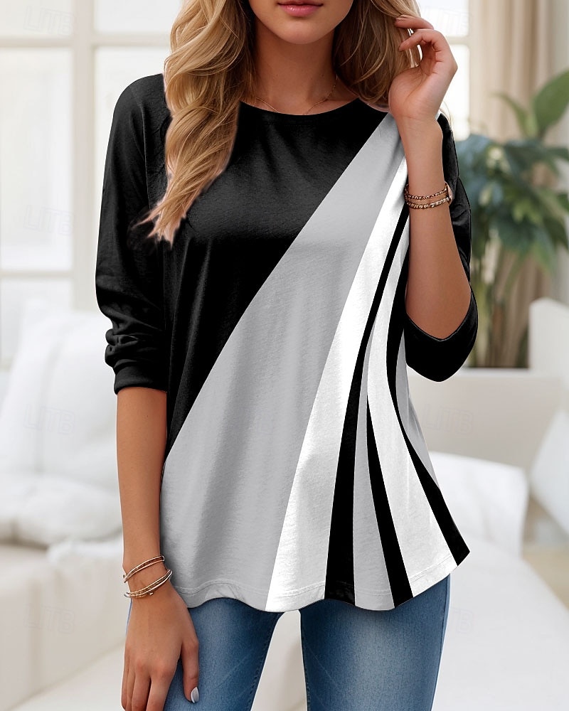 Femmes T-shirt Graphique Géométrique Bloc de Couleur ancien Élégant Classique manche longue Col ras du cou Col rond Hauts Réguliers Quotidien Imprimé Rose Claire Bleu Violet Vert Gris Été Printemps de 2025 ? $22.99 –P1