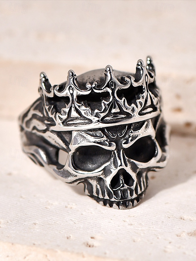 Herrenring aus Edelstahl mit Totenkopf und Krone – Gothic-Punk-Stil, robustes Heavy-Metal-Design, ideal für Halloween-Partys, Cosplay und Rockkonzerte 2025 - $11.99 –P6
