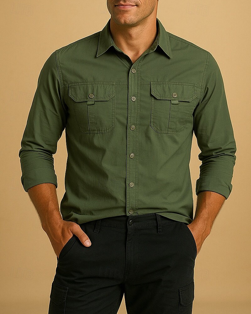 Per uomo camicia cargo Camicia da escursionismo Camicia militare Manica Lunga Collo ripiegato Maglietta Top Esterno Asciugatura Rapida Leggero Traspirante Cotone Nero Verde militare Cachi Caccia del 2025 a $26.99 –P3