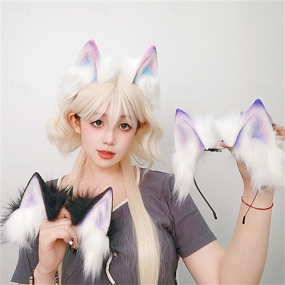 Bandă de păr cu urechi de pisică cu gradient de dopamină, cu urechi de vulpe și lup întunecate – urechi de animale lucrate manual pentru Halloween, cosplay, petrecere și jocuri de rol 2025 - $33.99 –P4