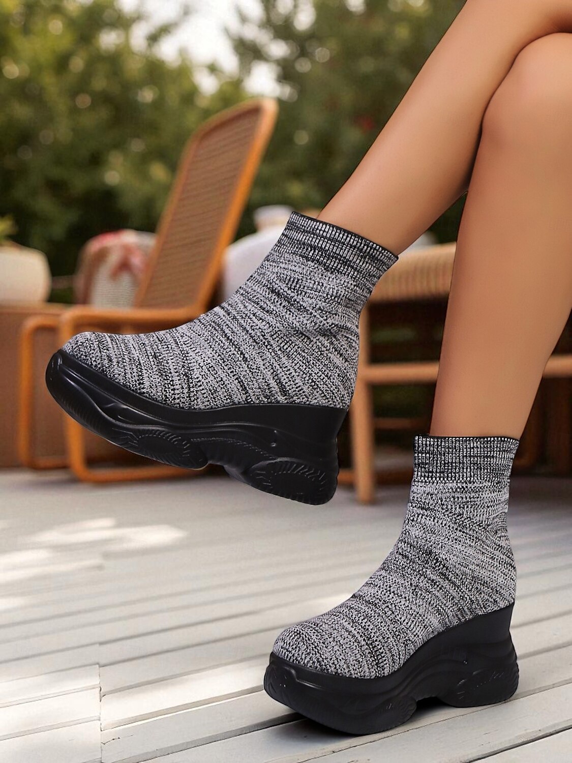 Mujer Botas Calcetines Zapatos Flyknit Diario Botines Botines Plataforma Tacón Cuña Dedo redondo Deportivo Casual Zapatos de Paseo Flying Weaving Mocasín Negro Gris 2025 - $26.99 –P1
