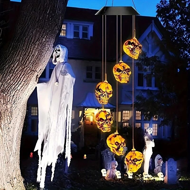 Carillon solare a vento di Halloween con sette colori cangianti, luce da balcone a forma di teschio di zucca, luce da appendere, impermeabile, per esterni, giardino, casa, festa di Halloween, del 2025 a $19.99 –P6