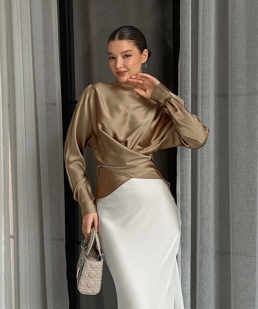 Women's Satin Shirt Dress Shirt Blouse Ruched Lace up Solid Color Elegant Vintage Stylish Long Sleeve Off Shoulder Crop Tops Daily Work Holiday khaki Spring Fall 2026 - $43.99 –P4