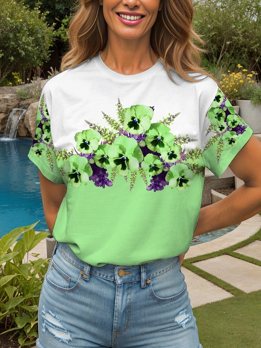 Femmes T-shirt Fleuri Graphique ancien Élégant Classique Manche Courte Col ras du cou Col rond Hauts Réguliers Quotidien Sortir Week-end Imprimé Noir et blanc Jaune Rose Claire Bleu Violet Ét de 2025 ? $19.99 –P7