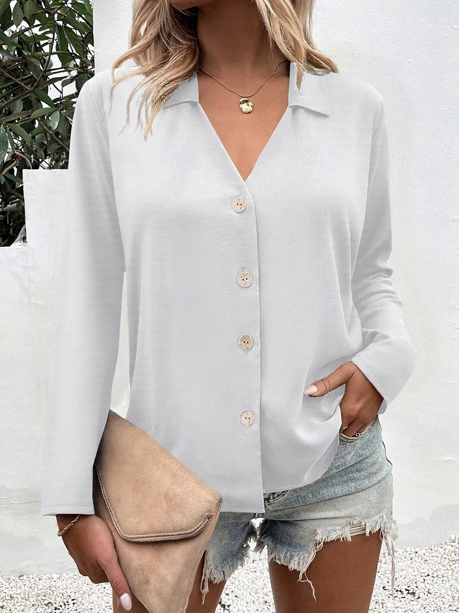 Camicia da donna con bottoni blusa unicolore elegante casual a maniche lunghe scollata a V colletto regolare eleganti quotidiani stampa nera bianca blu fucsia estate primavera del 2025 a $21.99 –P10