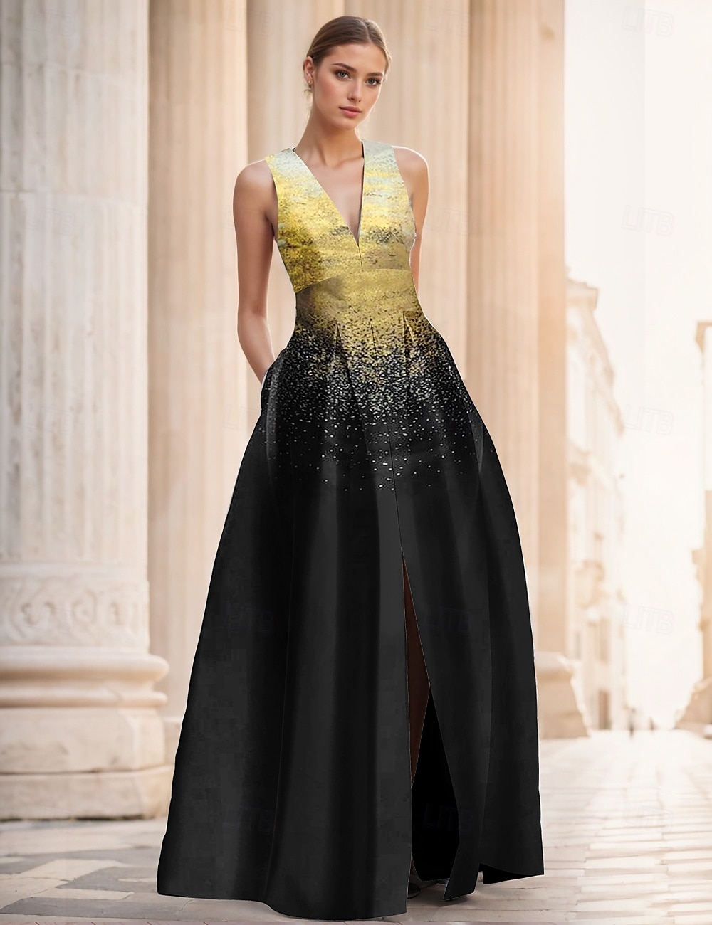 Arany és Fekete Jacquard Ruha A-vonalú Estélyi Ruha Elegáns Ruha Formális Esküvő Padlós Ujjatlan V Nyak Szatén Hasíték Zsebbel 2025 - $149.99 –P4