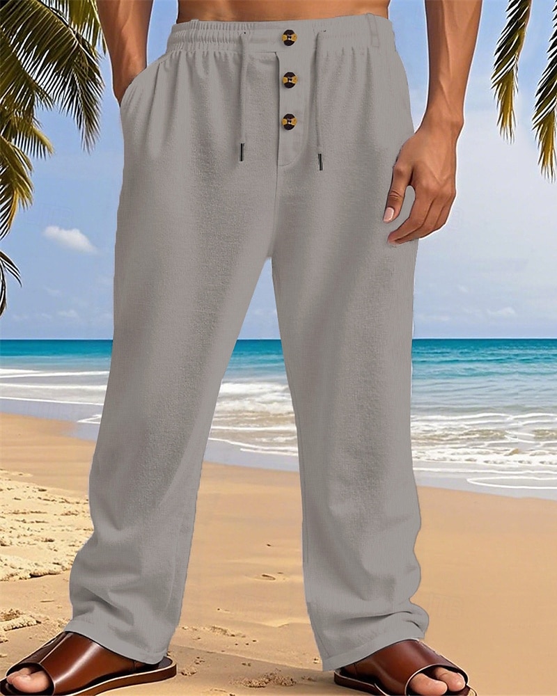 Men's Linen Pants Trousers Summer Pants Beach Pants Pocket Elastic Waist Drawstring Plain Comfort Breathable Vacation Daily Holiday Hawaiian Boho Dark Khaki Black 2025 - $18.99 –P16