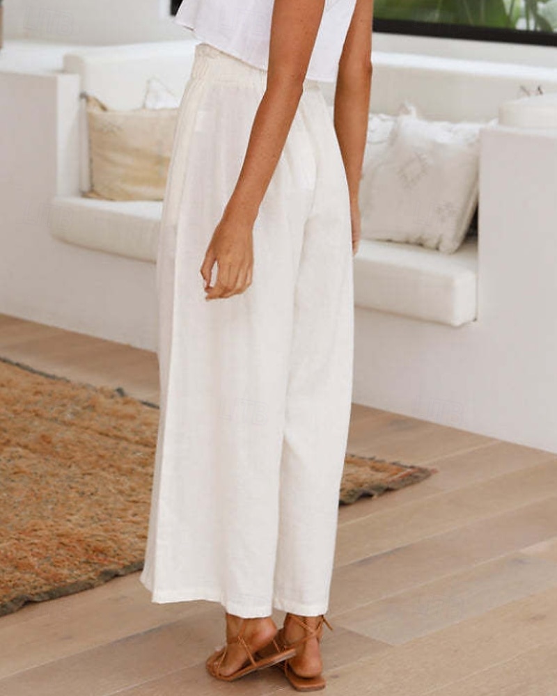 Mulheres Perna larga Calças Roupa de rua Casual Comprimento total Natural Tecido Cintura elástica Confortável Feriado Roupa Diária Final de semana clarete Ferrugem Azul marinho Branco Outono Normal de 2025 por $17.99 –P17
