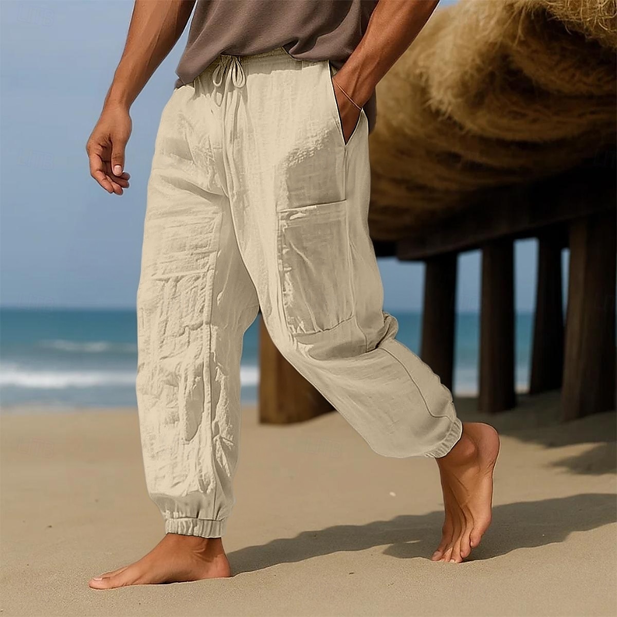 Men's Linen Pants Trousers Summer Pants Baggy Pants Elastic Cuff Solid Color Plain Comfort Breathable Full Length Casual Daily Holiday Vacation Fashion Black White Micro-elastic 2025 - $23.99 –P2