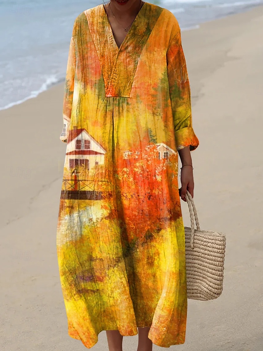 Per donna Abito maxi Vestito Estivo Abito a trapezio Vacanza Casual Boho Feste Uscire Spiaggia Floreale Grafico Manica Lunga Scollo a V Giallo Arancione Verde Estate Primavera Autunno del 2025 a $35.99 –P3