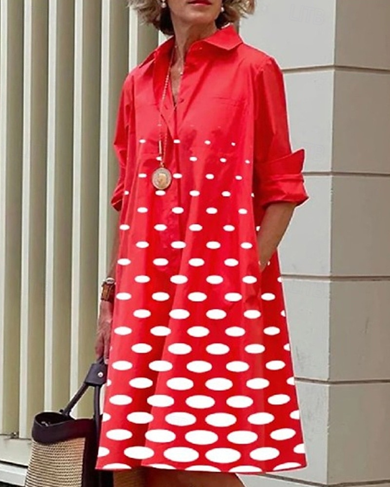 Pentru femei Rochii Midi Rochii Tip Cămașă Rochie casual Modă Modern Zilnic Plajă Sfârșit de săptămână Fit regulat Punct Manșon Lung Guler Cămașă Negru Alb Roșu-aprins Primăvară Toamnă 2025 - $24.99 –P3