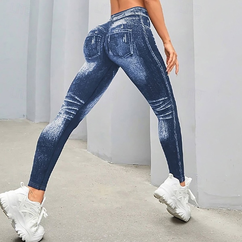 Dam Denimtryck Fejkjeans Yoga leggings Magkontroll Hög midja Gym Dans Träning Underdelar Blå Höst sporter Sportkläder Tight passform 2025 - $12.99 –P5
