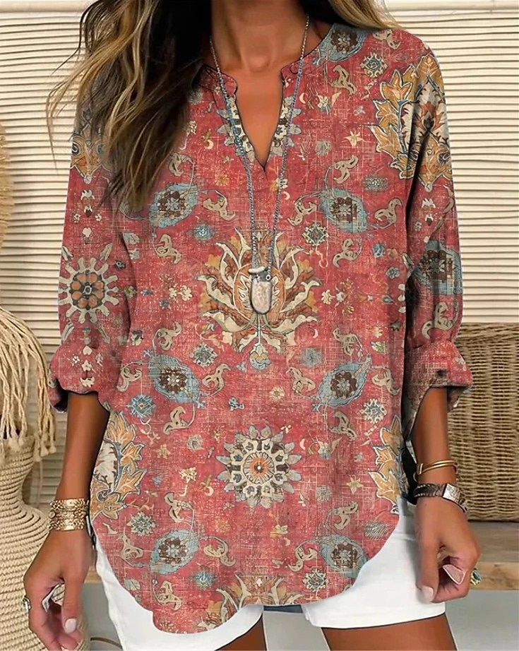 Dame Bluse Blomstret Grafisk Blad Elegant Stilfull Langermet V-hals Vanlige topper Daglig Ferie Trykt mønster Blå Dusty Blue Lys Lilla Lilla Oransje Sommer Vår 2025 - $24.99 –P1