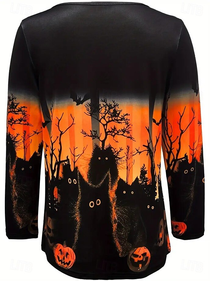 Halloween Damen Bluse Grafik Halloween Lässig Langarm Rundhalsausschnitt Normale Oberteile Täglich Druck Schwarz Orange Sommer Frühling MOM 2025 - $22.99 –P4