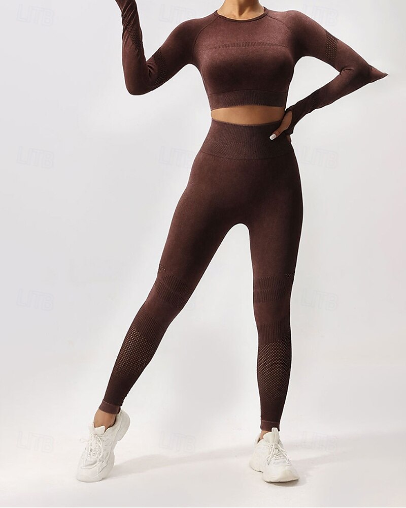 Damen 2 Stück Yoga-Trainingsanzug Lounge-Outfits  Herbst Einfarbig Kombination Armeegrün Schwarz Fitnesstraining Hohe Taille Elastisch Atmungsaktiv Langarm Sport Sportkleidung Schlank 2025 - $37.99 –P13