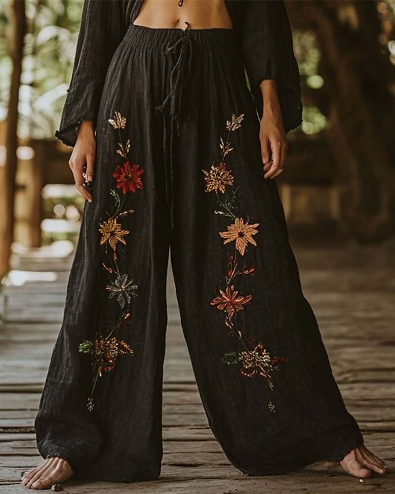 Dam Brett skaft Byxor Palazzo byxor Ledigt Boho Fullängd Hög midja Blomma Elastisk midja Snörning Mönster Mateial som andas Bekväm Gata Dagliga kläder Utekväll Svart Vår Höst Normal 2025 - $32.99 –P1