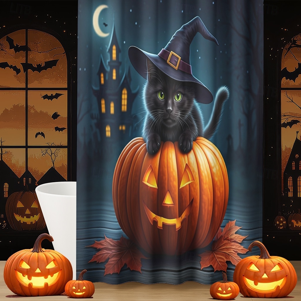 Halloweenský sprchový závěs s háčky, polyesterový, pratelný, voděodolný, vzorovaný, koupelnová vana, dekorace 2025 - $21.99 –P19