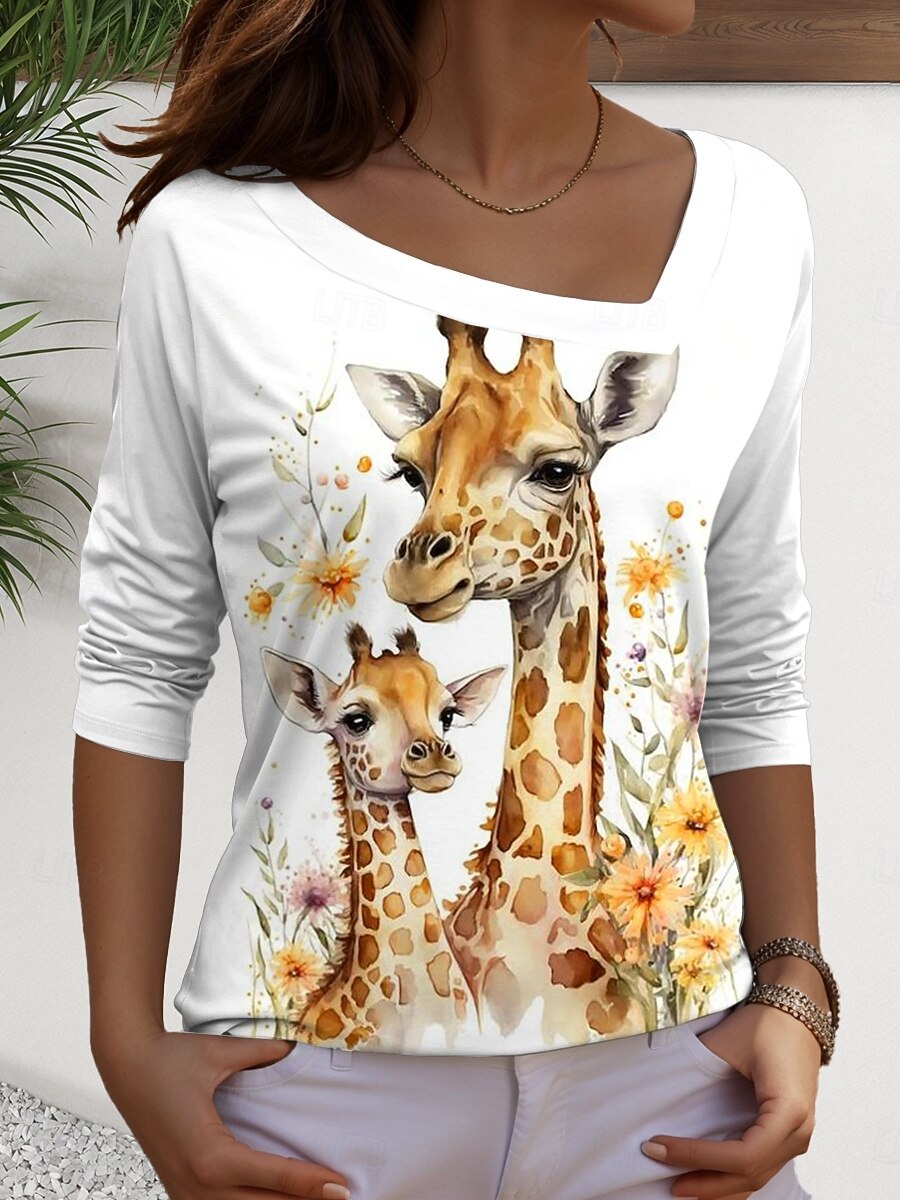 Damskie Podkoszulek Graficzny Zwierzę Zabytkowe Codzienny Długi rękaw Asymetryczna szyja Zwykłe topy Codzienny Nadruk Biały Żółty Pomarańczowy Khaki Lato Wiosna Jesień 2025 - $21.99 –P4