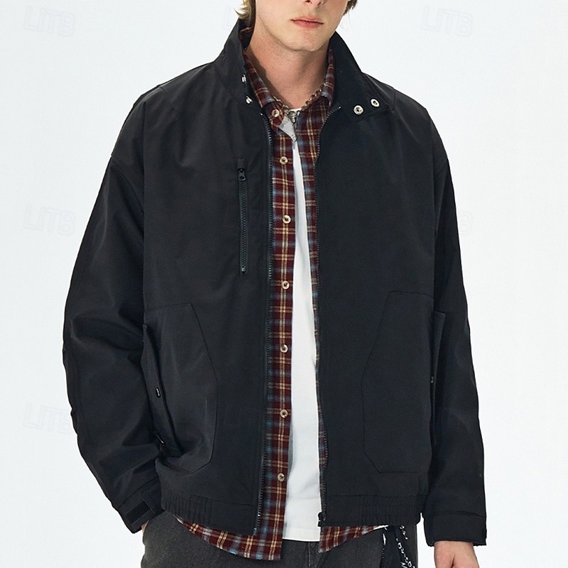 Men's Lightweight Jacket Cargo Jacket Casual Jacket Vacation Daily Windproof Windbreaker Pocket Fall Winter Plain Fashion Classic Stand Collar Regular Black White Purple Green Jacket 2025 - $51.99 –P12