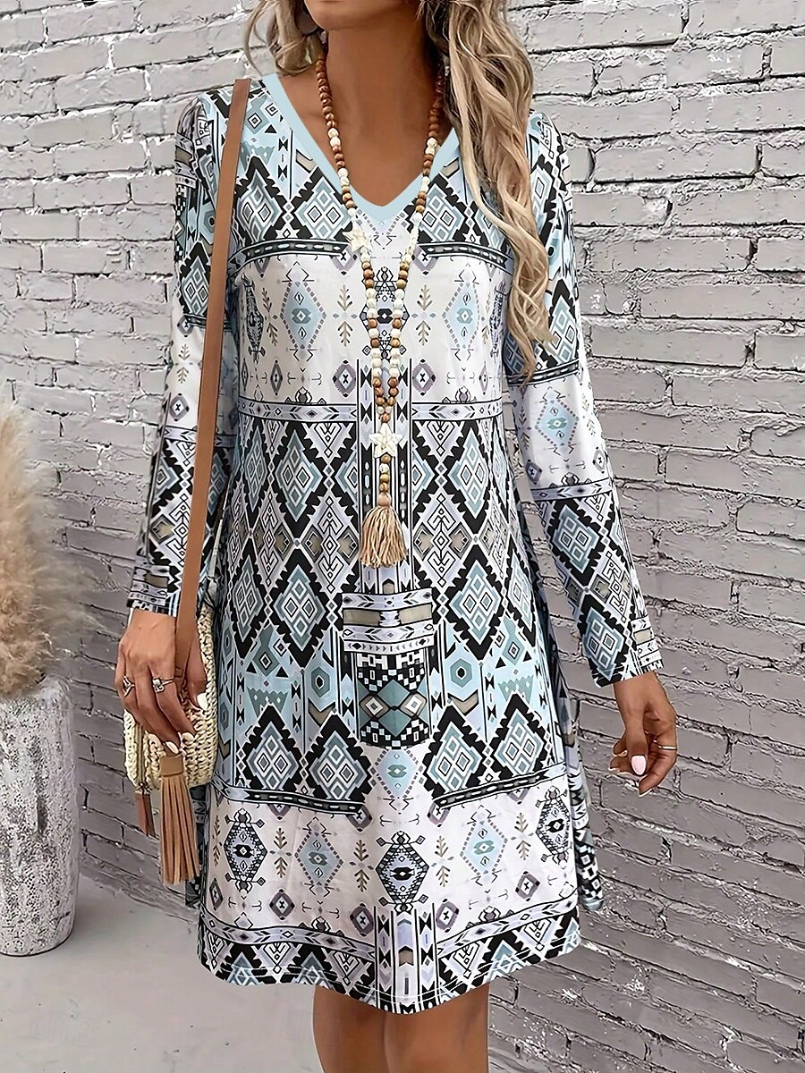 Damskie Sukienka mini Codzienne sukienki Sukienka letnia Sukienka A line Elegancki Codzienny Regularny Graficzny Geometryczny Długi rękaw W serek Ice Blue Żółty Wino Brudny błękit Wiosna Jesień 2025 - $26.99 –P4