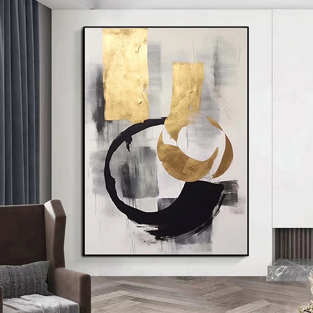 handgefertigtes Ölgemälde auf Leinwand, Wandkunst, Dekoration, schwarz-weiß, schlicht, abstrakt, Goldfolien-Applikation für Heimdekoration, gespannter Rahmen, hängendes Gemälde/gerolltes rahmenloses, 2025 - $54.99 –P1