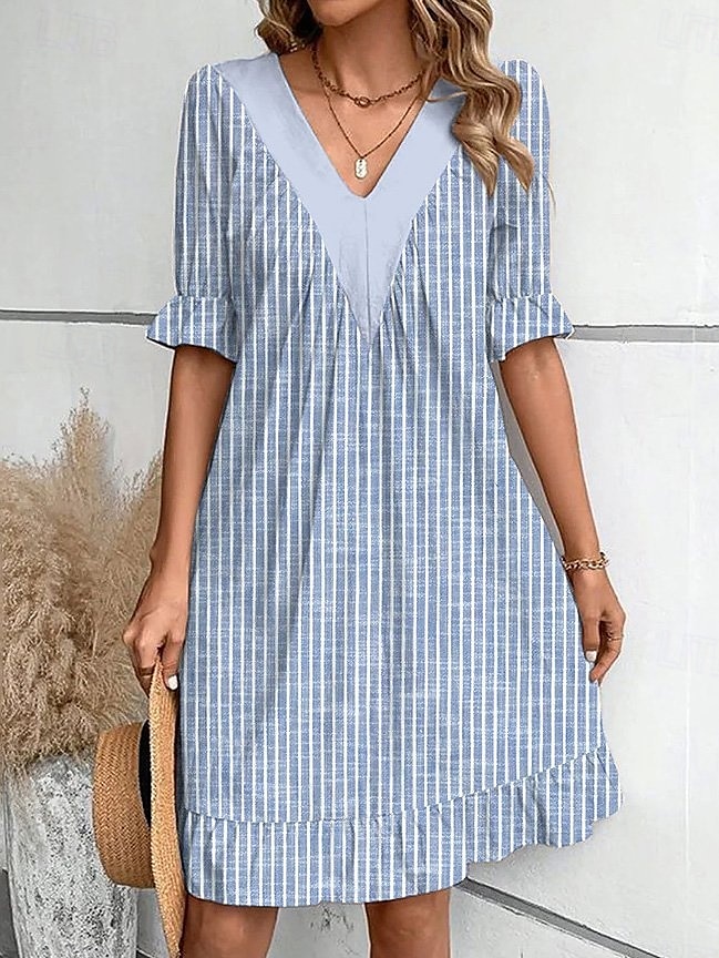 Femmes Mini Robe Robe d'été Occasionnel Quotidien Coupe régulière Fleuri Rayé Demi Manches Col en V Rouge Marron clair Bleu Vert Été Printemps de 2025 ? $28.99 –P4
