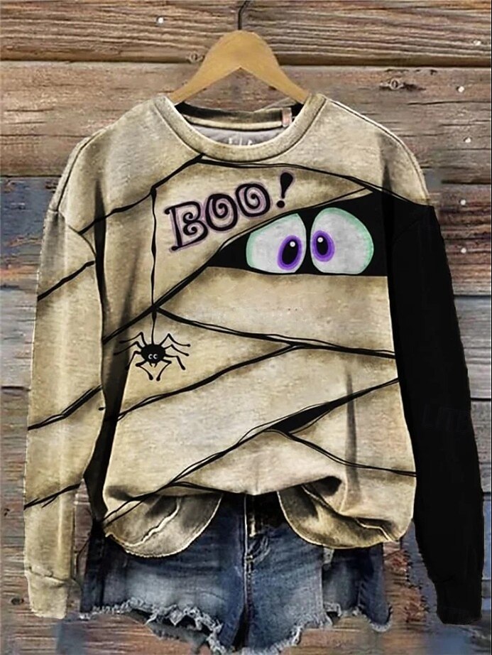 Damen Pullover Sweatshirt Grafik Schädel Halloween Mode Lässig Langarm Rundhalsausschnitt Rundhals Normale Oberteile Straße Alltagskleidung Lässig Druck Schwarz Braun Grün Hell Gray Dunkelgray Herbst 2025 - $24.99 –P4