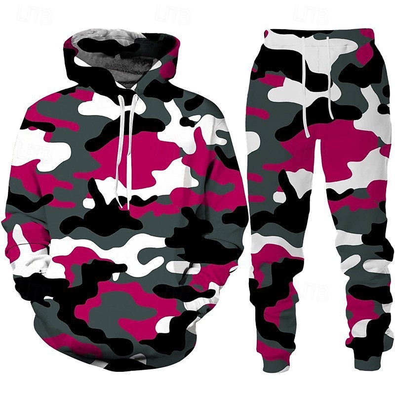 Voor heren Trainingspak Kledingset Truien instellen Capuchon Buiten Dagelijks Sport Zak Trekkoord camouflage Blozend Roze Rood Marineblauw Grafische afdruk Polyester Sportkleding Modieus Streetwear 2025 - $34.99 –P2