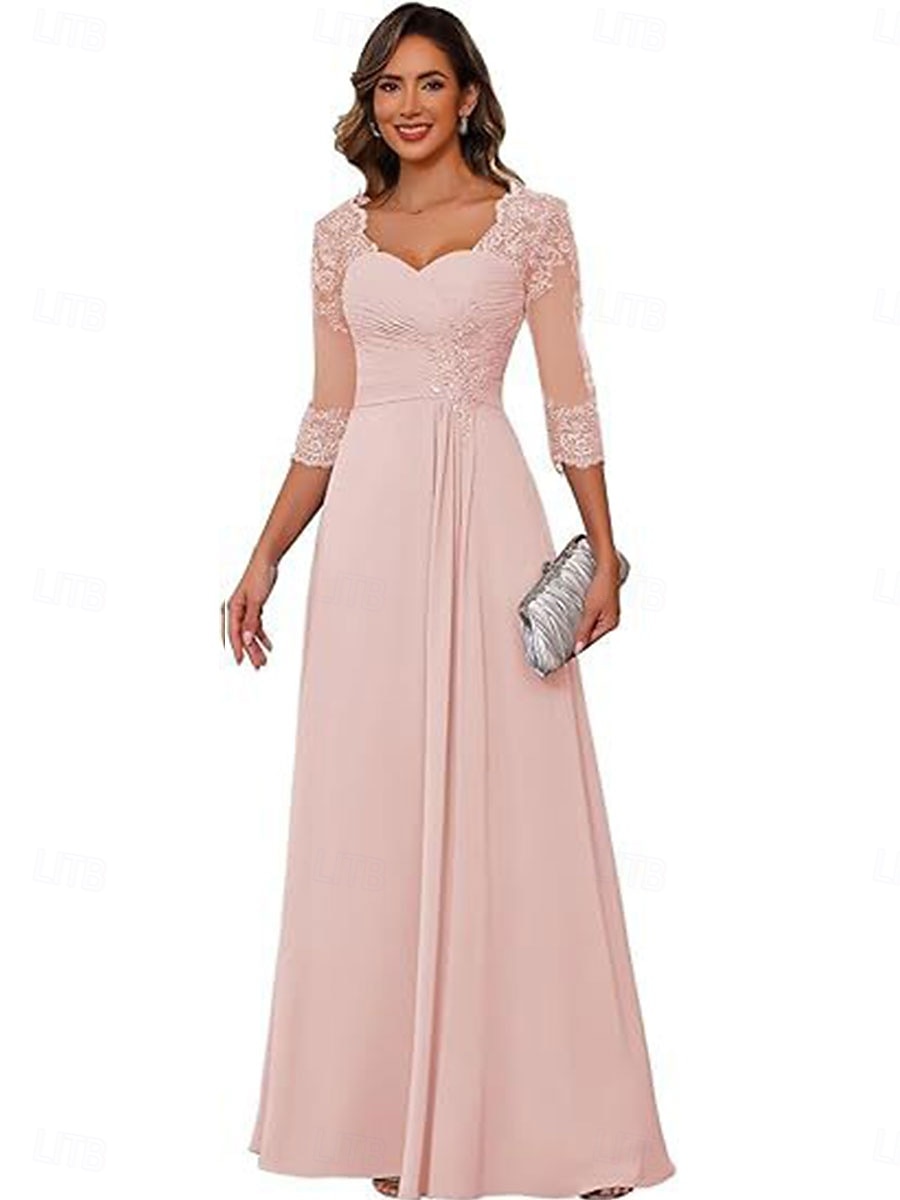 A-linje Kjole til brudens mor Elegant Enkel V-hals Gulvlengde Chiffon 3/4 ermer med Ensfarget 2025 2025 - $119.99 –P20