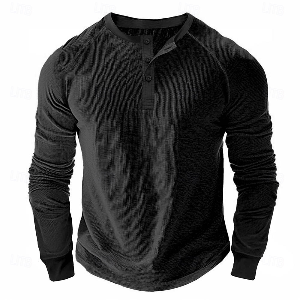 Men's Waffle Henley Shirt Tee Long Sleeve Solid Color Plain Textured Fashion Designer Casual Raglan Sleeves Henley Outdoor Casual Daily Summer Fall Winter Black Light Blue Dark Red Henley T-Shirt 2025 - $19.99 –P8