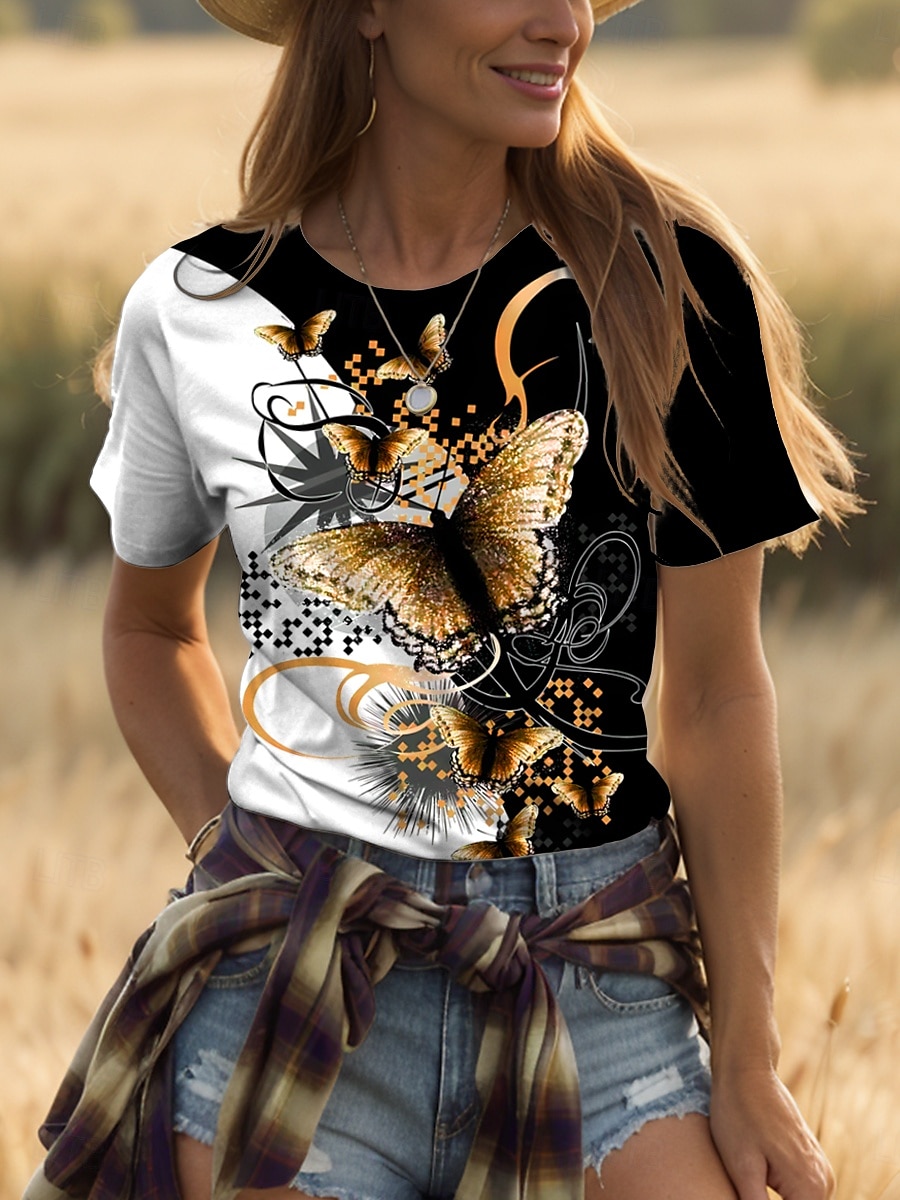 Femmes T-shirt Graphique Animal Géométrique ancien Mode Élégant Manche Courte Col ras du cou Col rond Hauts Réguliers Quotidien Week-end Imprimé Noir + Blanc + Gris Jaune Rouge Bleu Violet Ét de 2025 ? $19.99 –P6