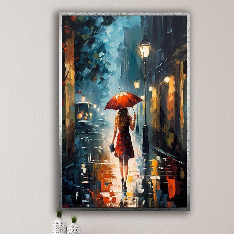 Lienzo pintado a mano de una chica en una ciudad lluviosa, con una chica en la calle bajo un paraguas y una lluvia, decoración abstracta, pared de una chica en la ciudad de Nueva York, arte de pared 2025 - $170.99 –P4