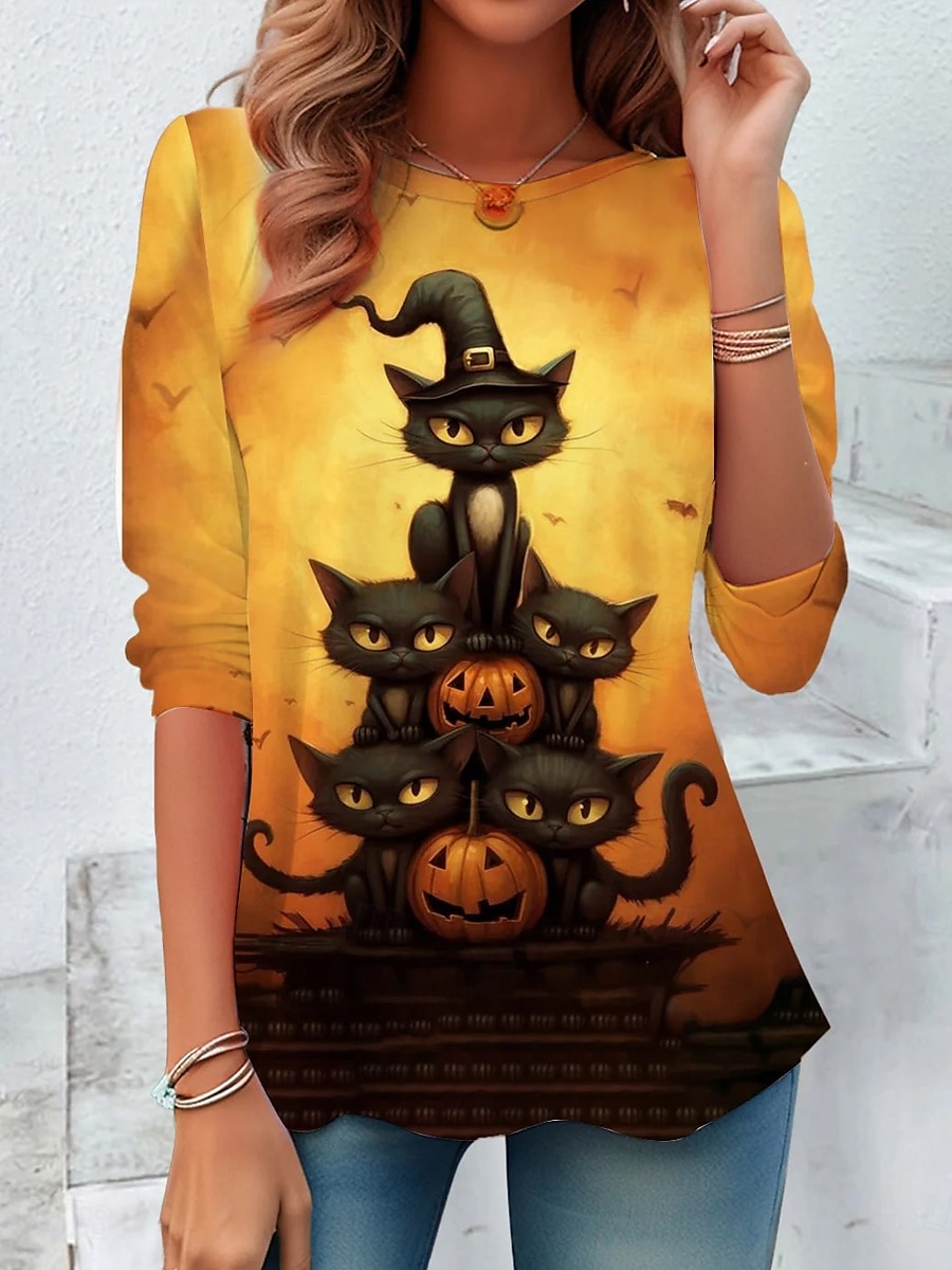 Halloween Koszulka Kobieca z Długim Rękawem Tunika Graficzna Dynia Casual Regularne Top codzienny nadruk Biały Niebieski Pomarańczowy Jesień 2025 - $22.99 –P3