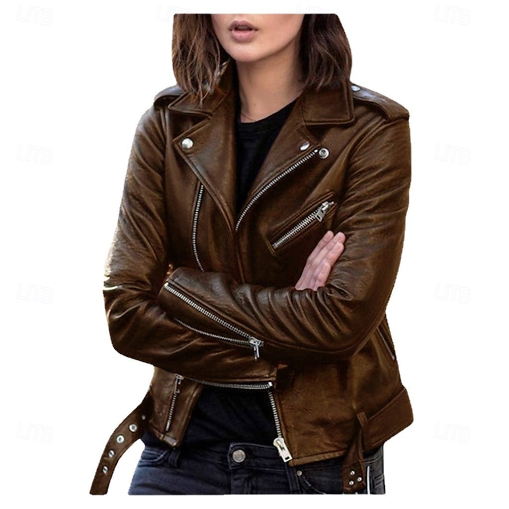 Per donna Giacca in Ecopelle Confortevole Cerniera completa Moda Stile da Strada Semplice All'aperto Casual Quotidiano Regolare Collo ripiegato Vestibilità regolare Manica Lunga Capispalla Argento del 2025 a $34.99 –P5