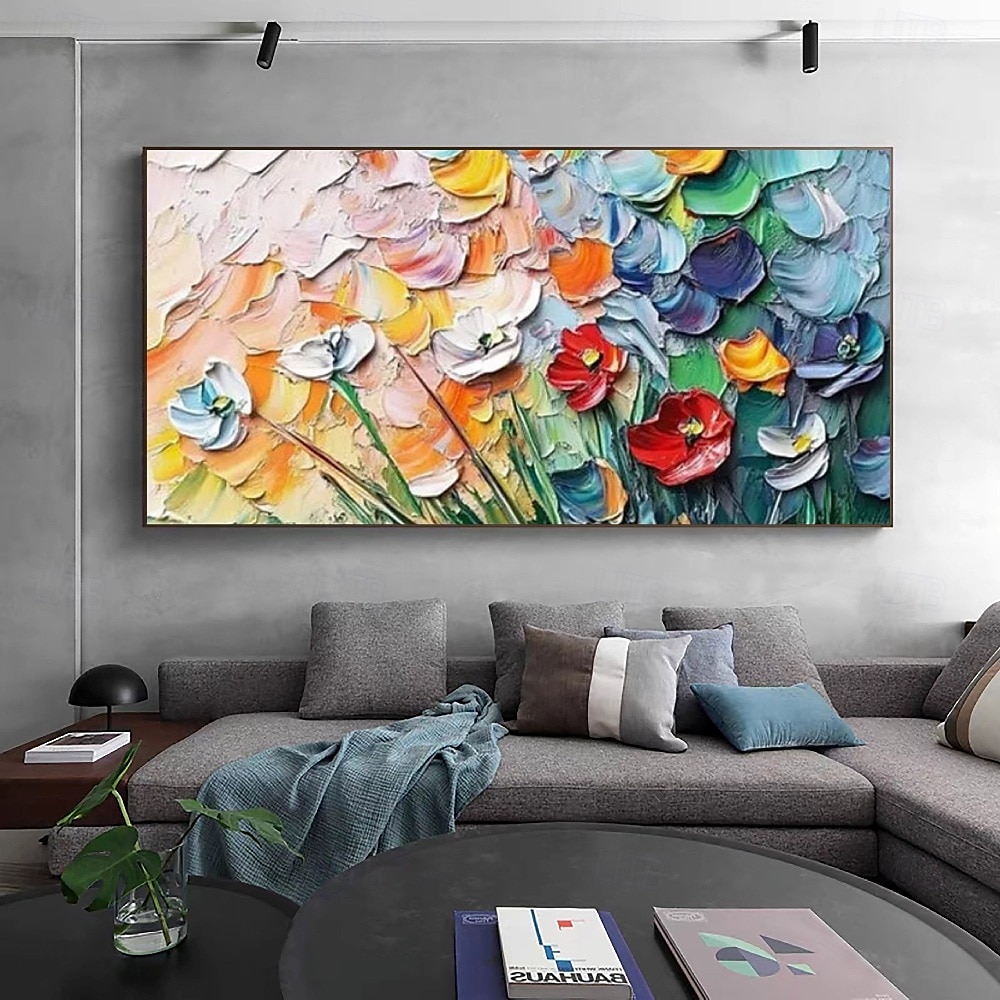 großes 3D-Blumenölgemälde, handgefertigt, strukturiertes Landschaftsölgemälde, lebendiges mehrfarbiges Blumengemälde, Blumenstrauß, modernes Kunstwerk, Bild für die Wohnzimmerdekoration, modernes 2025 - $125.99 –P5