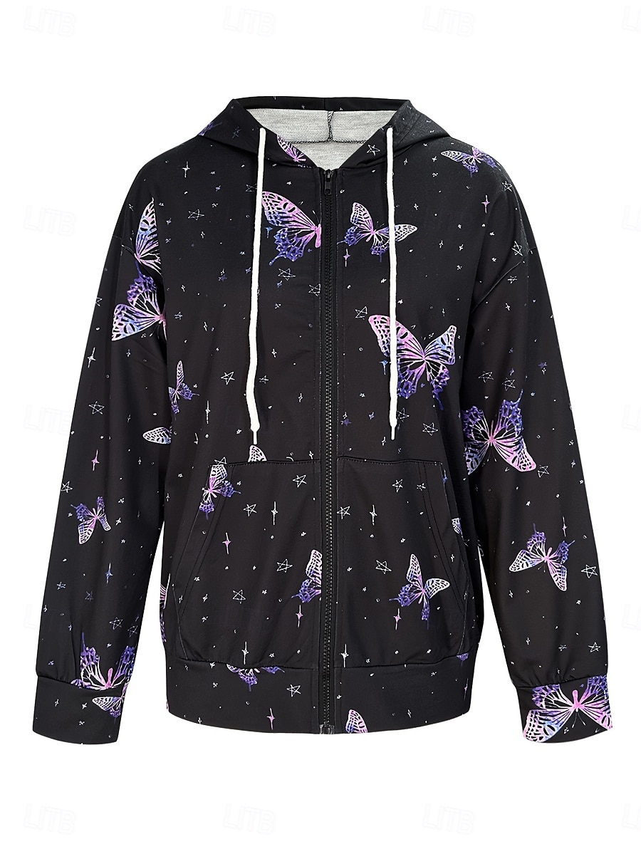 Women's Zipper Hoodie Graphic Butterfly Fashion Casual Long Sleeve Hooded Regular Tops Street Dailywear Pocket Print Purple Spring Fall 2025 - $24.99 –P2