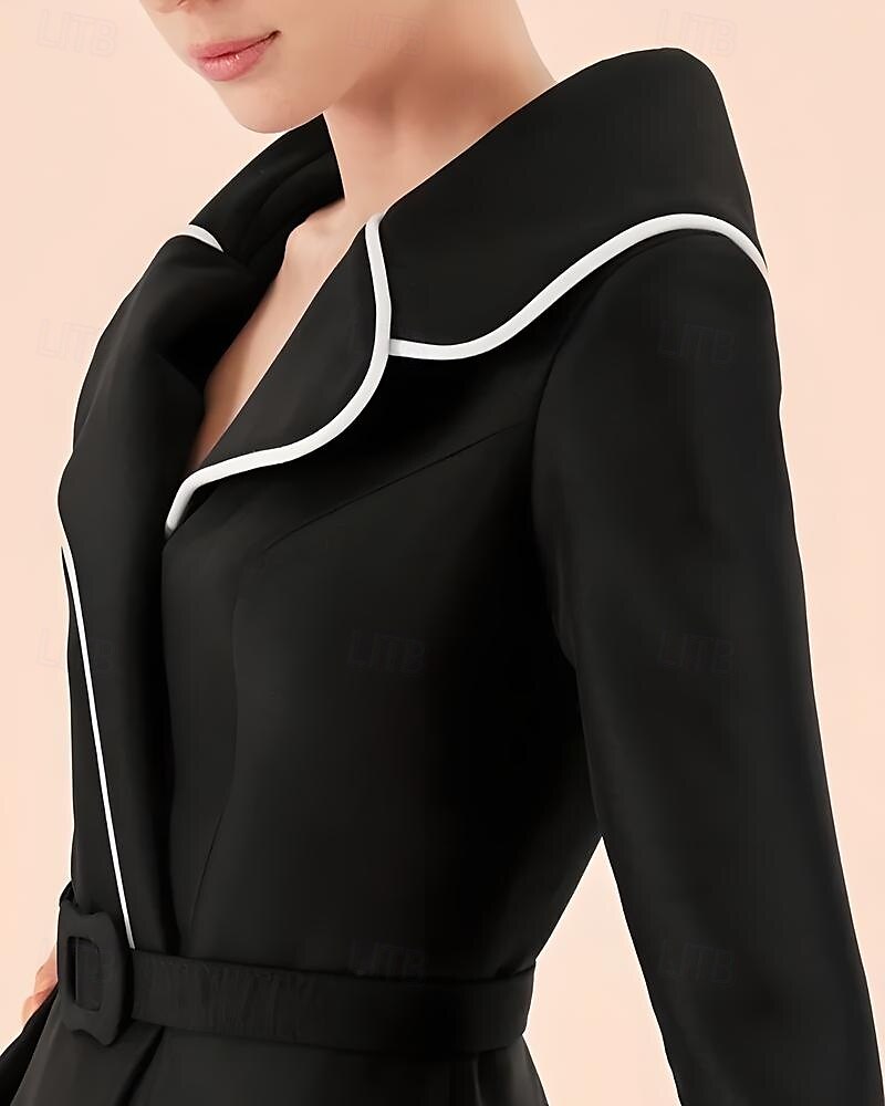 zwart-witte A-lijn moeder van de bruid jurk elegante formele jurk eenvoudig minimalistisch V-hals revers vloerlengte twill satijn 3/4 mouwen met riem 2025 2025 - $145.99 –P2