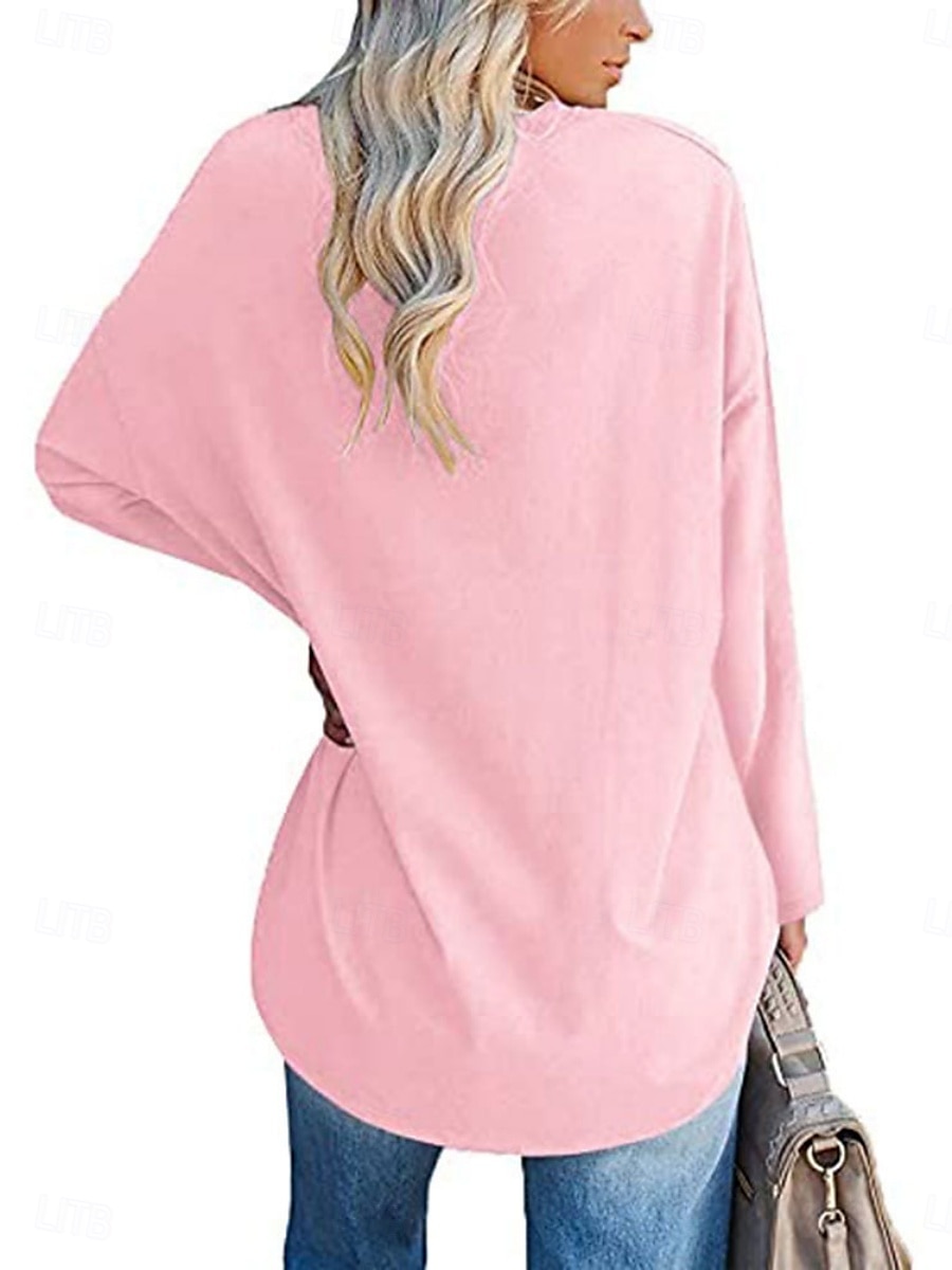 Camicia da donna in 100% cotone blouse colore solido stilosa casual maniche lunghe colletto rotondo regolari top quotidiano nero bianco giallo rosa primavera autunno pre-autunno del 2026 a $24.99 –P2