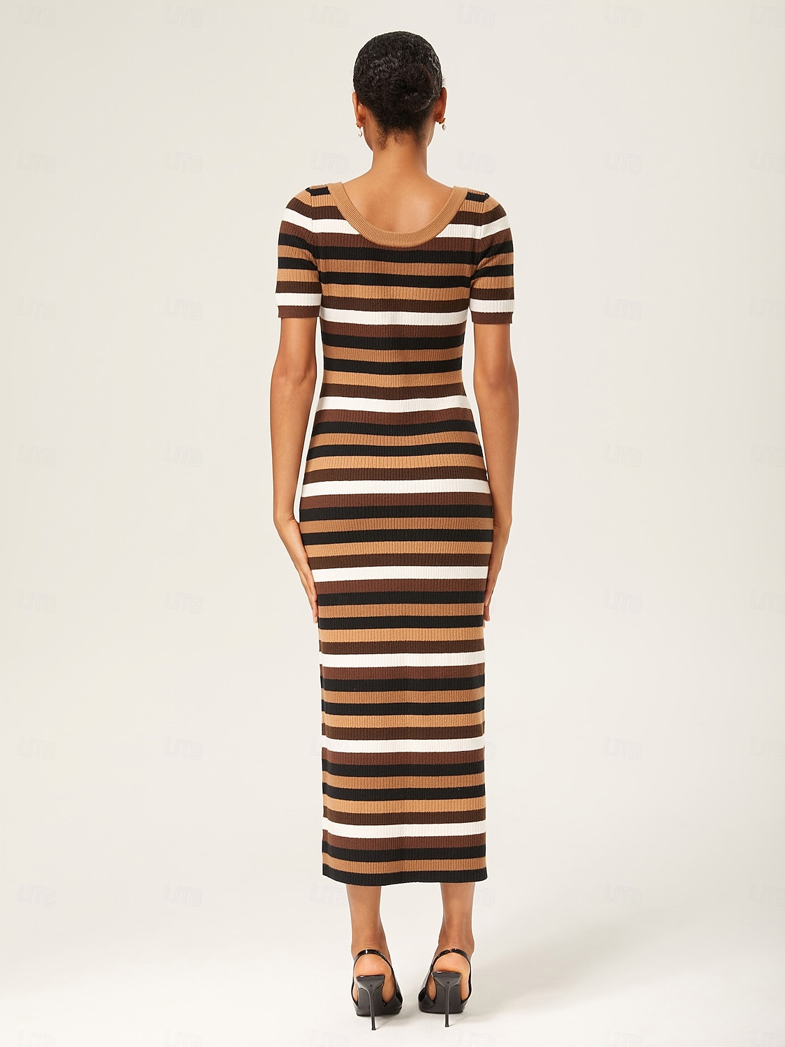 Nő Kötött ruha Barna Rövid ujjú Csíkos Nyár Ősz Elegáns Bodycon S M L 2025 - $86.99 –P5