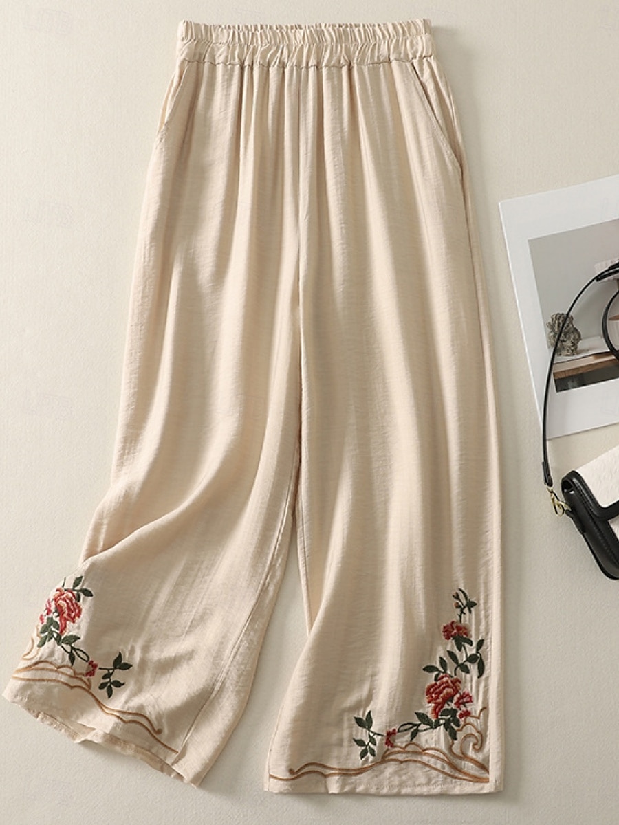 Damen Hose aus Baumwollleinen Chinos Ethno-Stil Basic Lässig Volle Länge Hohe Taille Blumen Bestickt Tasche Elastischer Bund Komfort Außenbereich Mikroelastisch Urlaub Straße Täglich Khaki Beige 2025 - $30.99 –P4