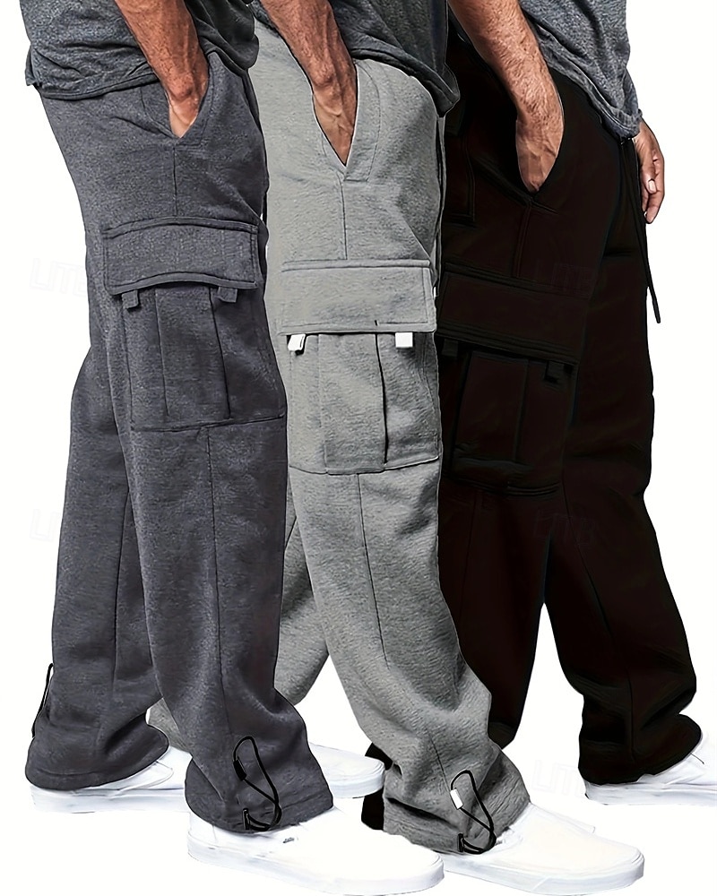 Multi-pakketten 3 stuks Voor heren Zwart + grijs + blauw Joggingbroek met wijde pijpen Broek Elastische taille Trekkoord Effen Vakantie Alledaagse kleding Polyester Lente 2025 - $35.99 –P1