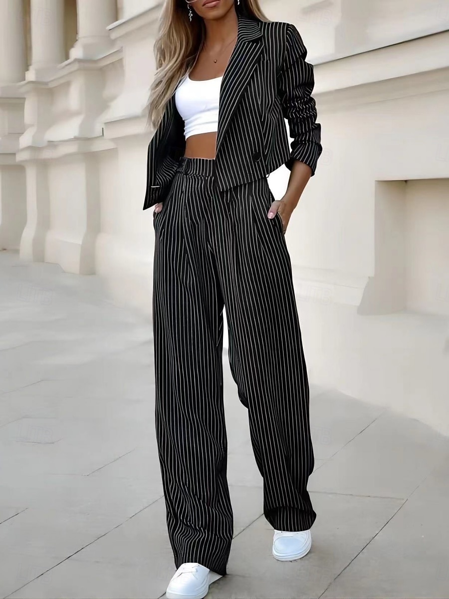 Femmes Mode Quotidien Ensembles deux pièces Ensembles de Pantalons manche longue Col de chemise Rayé Imprimé Bureau Noir Bleu Gris Été Coupe régulière de 2025 ? $32.99 –P5