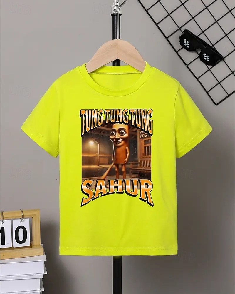 Boys' Blue T-Shirt with Cartoon Character Print - Tung Tung Tung Sahur Design Short Sleeve Summer Spring Fashion Basic Kids 4-12 Years Crew Neck Outdoor Casual Daily Regular Fit 2026 - $11.99 –P5
