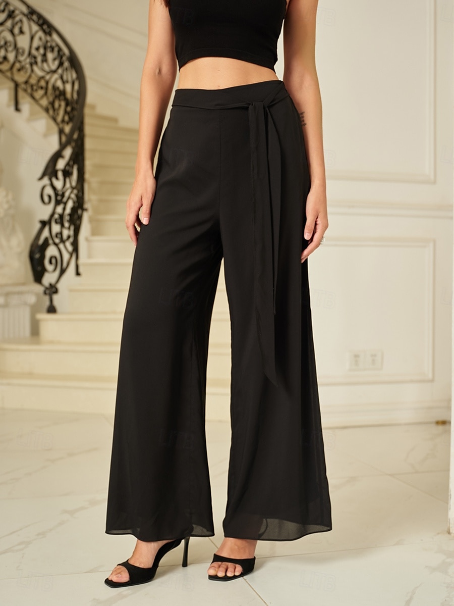 Per donna Culotte Gamba Larga Pantaloni Elegante Lunghezza intera Vita media Semplice Elastico in vita Micro-elastico Formale Ufficio Abbigliamento Quotidiano Nero Estate Primavera Autunno del 2025 a $59.99 –P4
