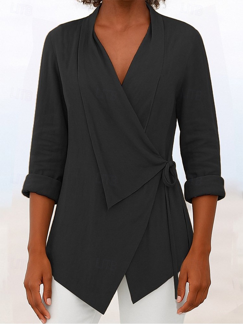 Women's Blouse Solid Color Elegant Stylish Basic Long Sleeve V Neck Regular Tops Daily Holiday Tie Front Black Pink Blue Brown Gray Summer Fall 2025 - $28.99 –P5