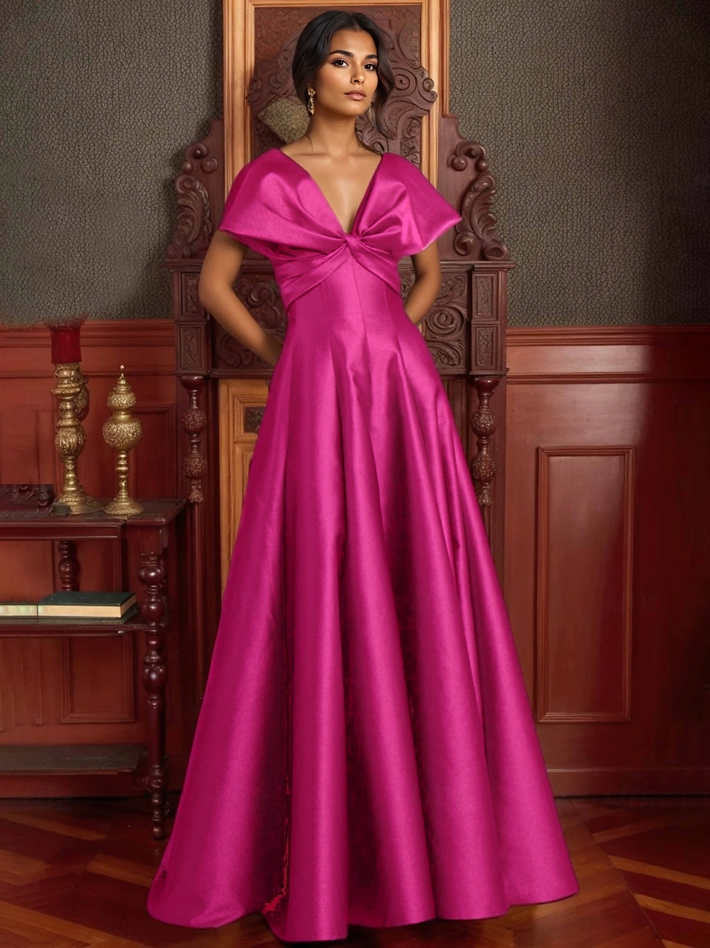 Rochie de seară elegantă, linie A, rochie formală de mireasă, lungime la podea, cu umerii goi, decolteu în V, satin elastic cu buzunar, 2025 2025 - $149.99 –P7